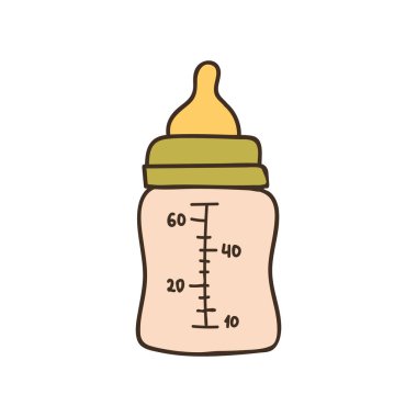 Bebek sütü şişesi, vektör olarak renkli karalama çizimi. Bebek sütü şişesi eli beyaz arka planda izole edilmiş vektör içinde renkli simge çizilmiş