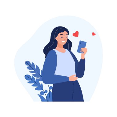 Genç bir kadın cep telefonu kullanıyor, sohbet ediyor, kalpler etrafında uçuşuyor.