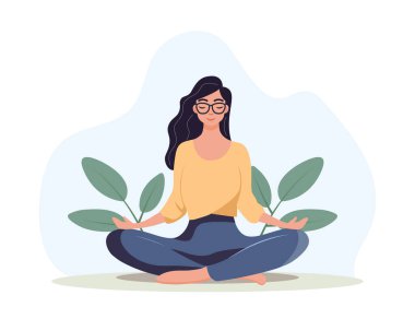 Nilüfer yogasında oturan ve tropik bitkilerin etrafında yoga yapan genç bir kadın.