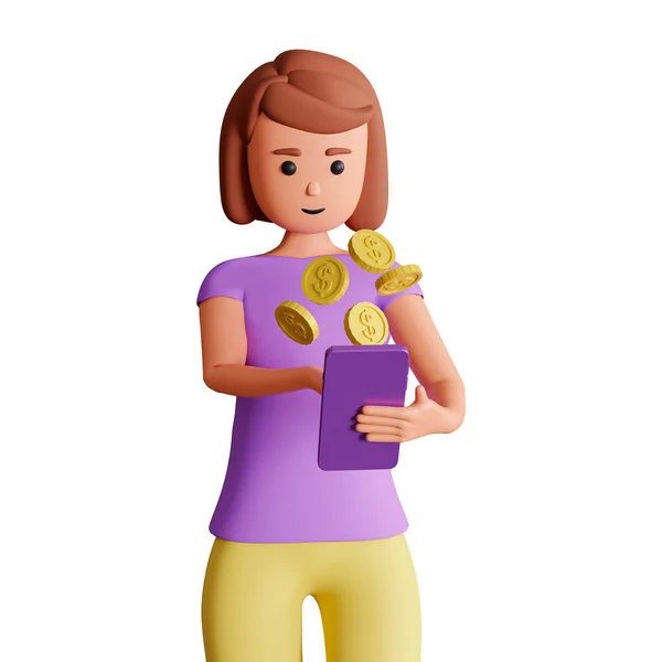 Young woman using cellphone and money golden coins coming out of the phone 3d illustration. Online money earning concept with girl hold mobile phone and money coins on isolated white background