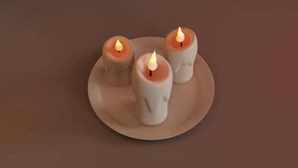 Burning White Candles Plate Brown Background Animation Top View Angle — Stock Video