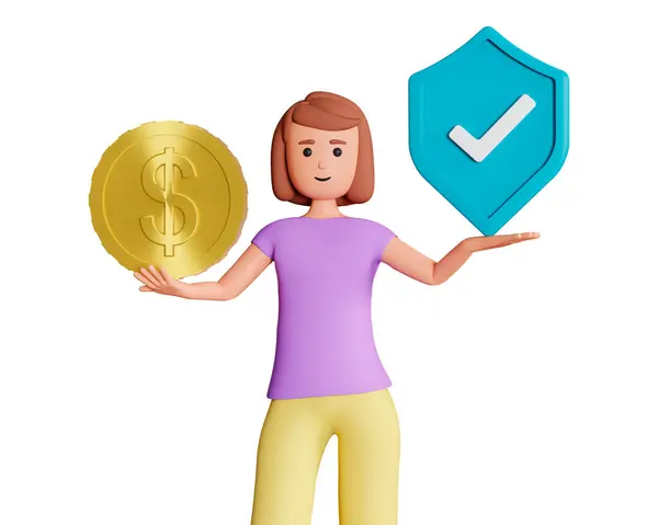 Money protection concept with young woman character hold coin and shield sign 3d illustration. 3d illustration of woman holding shield sign and money coin