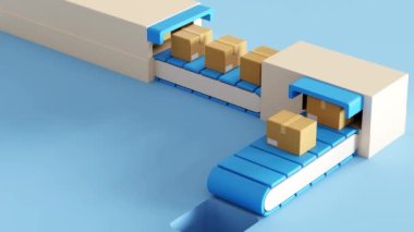 Karton kutular deponun 3D animasyonunda taşıyıcı bant üzerinde hareket ediyor.