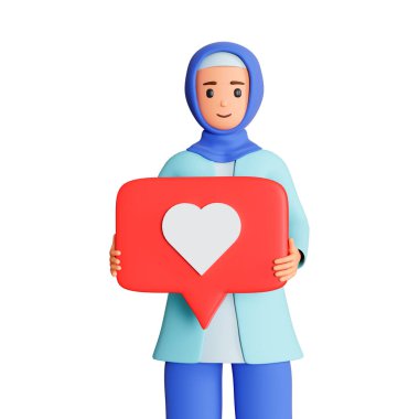 Başörtülü Müslüman kadın, üzerinde kalp simgesi olan konuşma balonunu tut.