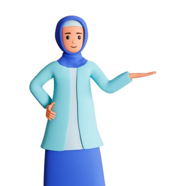 Bir elinde iki elinde tesettürlü Müslüman bir kadının üç boyutlu resmi