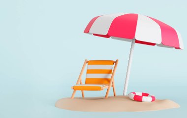 Bir plaj sandalyesi, şemsiye ve izole edilmiş şeffaf arkaplanda şişirilebilir bir yüzüğün üç boyutlu çizimi