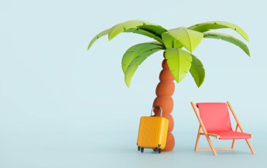 Üç boyutlu bir palmiye ağacı, plaj sandalyesi ve izole edilmiş mavi arka planda sarı bavul.