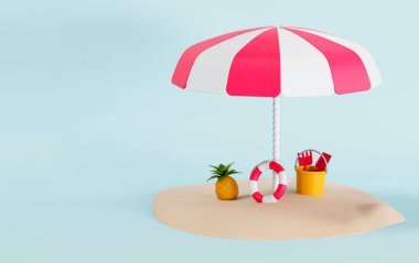 Şişirilebilir bir yüzüğün, ananasın, güneş şemsiyesinin ve kürekli kovanın ve izole edilmiş mavi arka plandaki kumun üç boyutlu çizimi.