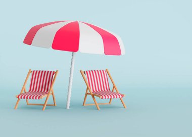 İzole edilmiş mavi arkaplanda iki plaj sandalyesi ve güneş şemsiyesi. Kopya için yer var.