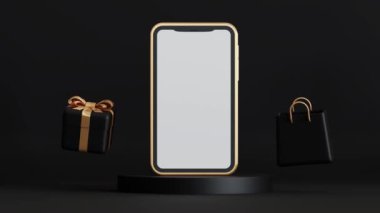 Boş ekran maketli cep telefonu, siyah hediye kutusu ve alışveriş çantası havada uçuşuyor. İzole edilmiş siyah arka planda 3D animasyon, tatil ve kara Cuma satış kavramı.