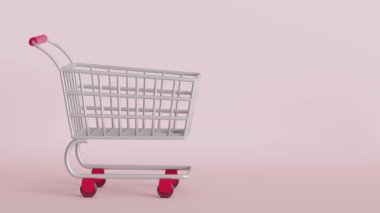 Bir alışveriş arabasının 3 boyutlu animasyonu hediye kutuları ve çantalarla dolu izole bir arka plan, tatil ve kara Cuma indirimi konsepti.