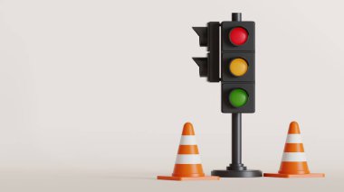 İzole edilmiş ışık arkaplanı üzerinde turuncu koniler bulunan ve kopyalanmak için alanı olan bir trafik işaretinin 3D çizimi