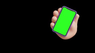 Diğer elini izole edilmiş siyah arkaplanda tutan yeşil ekranlı akıllı telefondaki el dokunuşunun 3D animasyonu