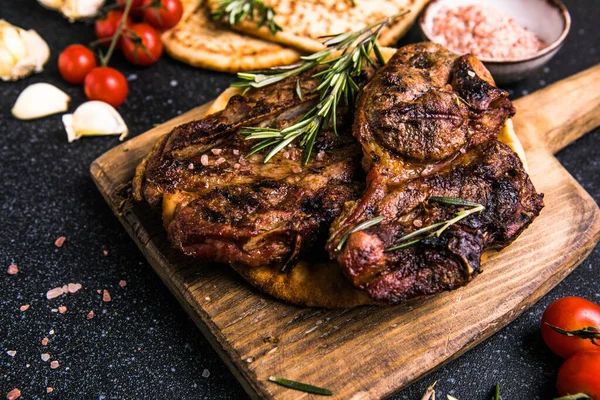Steaks Sliced Grilled Meat Steak New York Ribeye Spices Rosemary — Stock Photo, Image