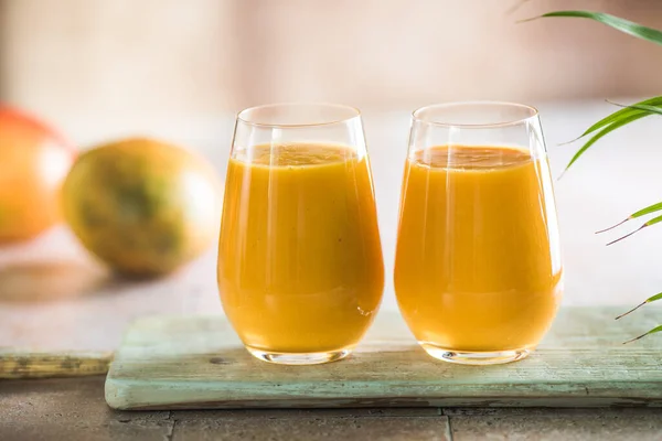 Two Mango Lassi Kesar Milk Glasses Indian Healthy Ayurvedic Cold — Stock Photo, Image