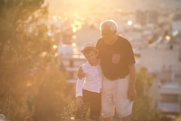 爷爷和孙子在户外享受着 拥抱着 友好家庭的概念 — 图库照片