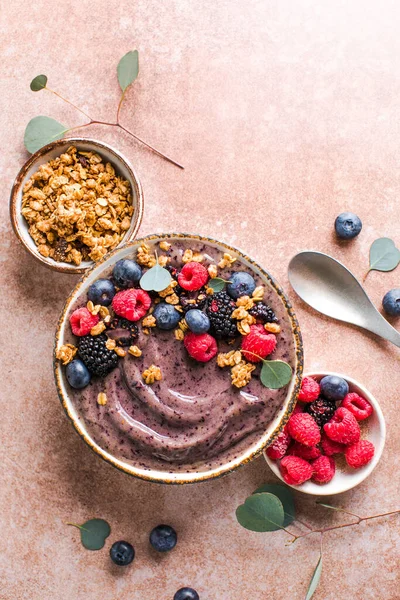 stock image Blueberry Smoothie Bowl with Granola, Banana, and Chia Seeds, Healthy Food, Vegan or Vegetarian Diet Food Concept, Bright Background