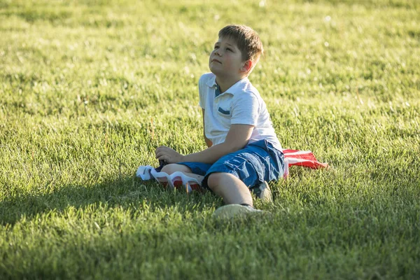 Kid Boy Celebrating July Independence Day Usa Child Running American — Stock Photo, Image