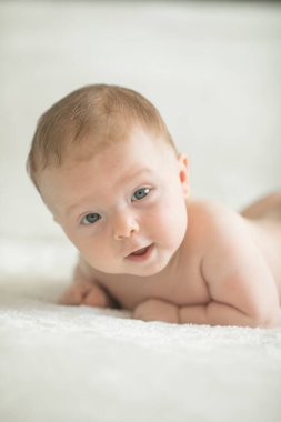 Küçük şirin bebek emekliyor. Aile sabahı evde. Güzel gülümseyen oğul. Güzel mutlu çocuk..