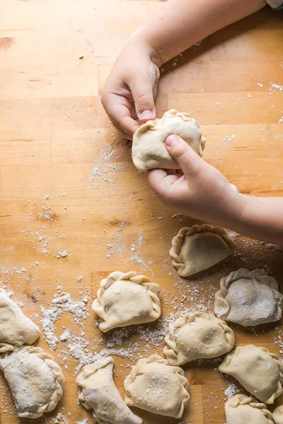 Kid Boy Making Dumplings Pierogi Varenyky Served Cottage Cheese Lay — Stock Photo, Image
