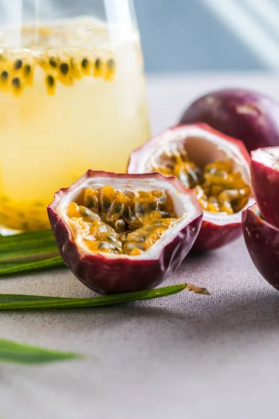 Pure passion, alcoholic cocktail with syrup, lime, orange juice, soda, ice and passion fruit