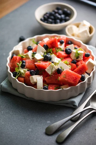Summer Salad Watermelon Feta Cheese Blueberry Gray Background Vegan European — Stock Photo, Image