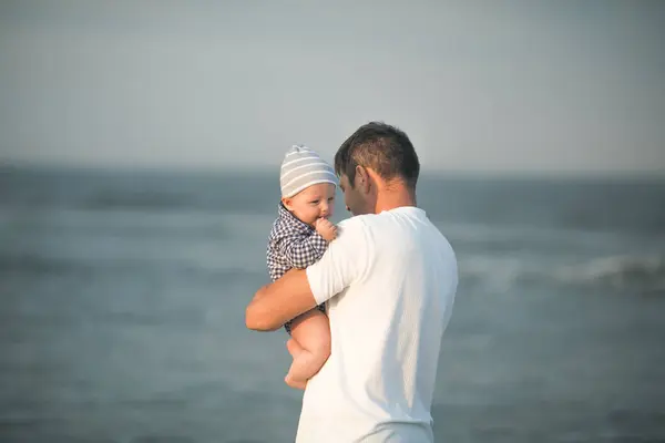 Happy Fathers Day Father Baby Play Beach Dad Him Child — Stock Photo, Image