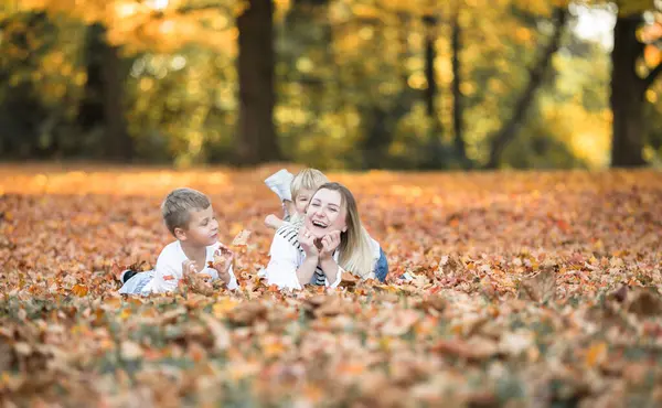 Happy young mother and two brothers walking in the autumn forest. Autumn outdoor activity for family with kids. Happy mothers day.