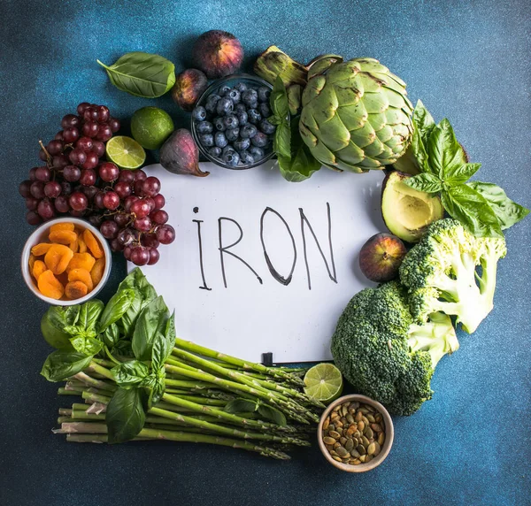 Iron rich food. Assortment of fruits and vegetables to prevent or fight anemia naturally. Natural sources of iron.