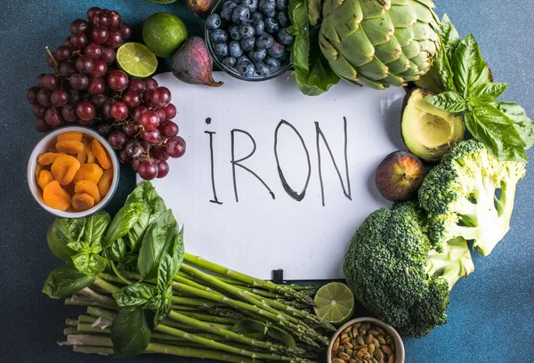 Iron rich food. Assortment of fruits and vegetables to prevent or fight anemia naturally. Natural sources of iron.