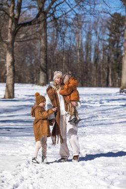 Kış hafta sonu. Anne ve iki oğlu sıcak kış kıyafetleri içinde ağaçların arasındaki ormanda eğlenirken yürüyorlar.