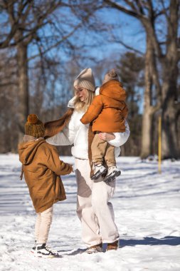 Kış hafta sonu. Anne ve iki oğlu sıcak kış kıyafetleri içinde ağaçların arasındaki ormanda eğlenirken yürüyorlar.