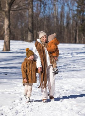 Kış hafta sonu. Anne ve iki oğlu sıcak kış kıyafetleri içinde ağaçların arasındaki ormanda eğlenirken yürüyorlar.
