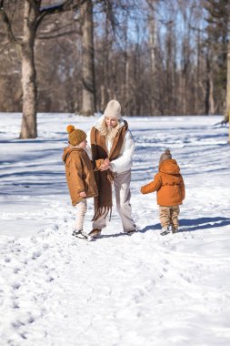 Kış hafta sonu. Anne ve iki oğlu sıcak kış kıyafetleri içinde ağaçların arasındaki ormanda eğlenirken yürüyorlar.