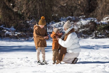 Kış hafta sonu. Anne ve iki oğlu sıcak kış kıyafetleri içinde ağaçların arasındaki ormanda eğlenirken yürüyorlar.