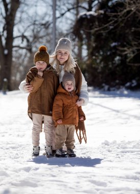 Kış hafta sonu. Anne ve iki oğlu sıcak kış kıyafetleri içinde ağaçların arasındaki ormanda eğlenirken yürüyorlar.