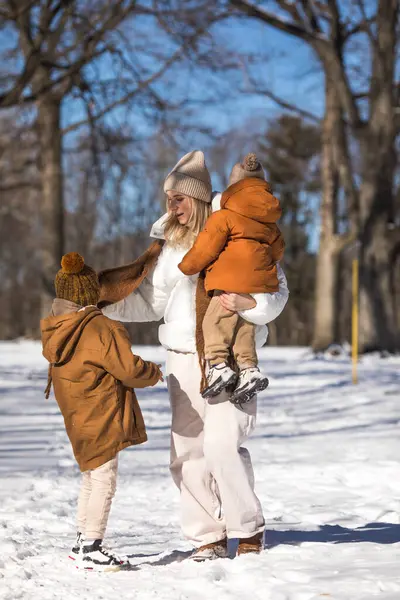 Kış hafta sonu. Anne ve iki oğlu sıcak kış kıyafetleri içinde ağaçların arasındaki ormanda eğlenirken yürüyorlar.