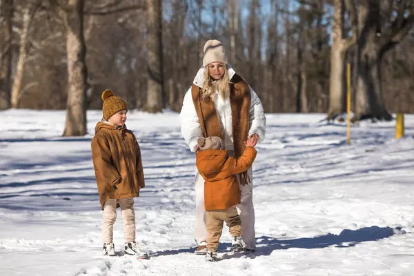 Téli Hétvége Anya Két Fia Meleg Télikabátban Sétálnak Miközben Fák Jogdíjmentes Stock Fotók