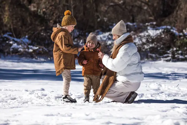 Kış Hafta Sonu Anne Iki Oğlu Sıcak Kış Kıyafetleri Içinde Telifsiz Stok Imajlar