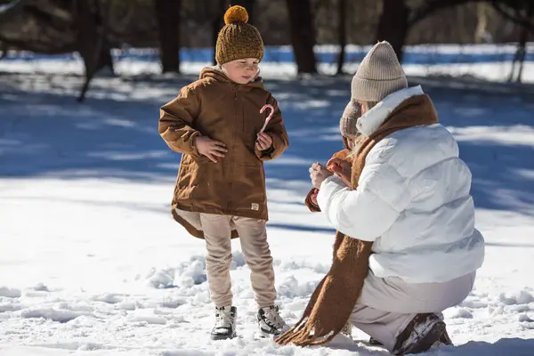 Kış Hafta Sonu Anne Iki Oğlu Sıcak Kış Kıyafetleri Içinde Telifsiz Stok Fotoğraflar
