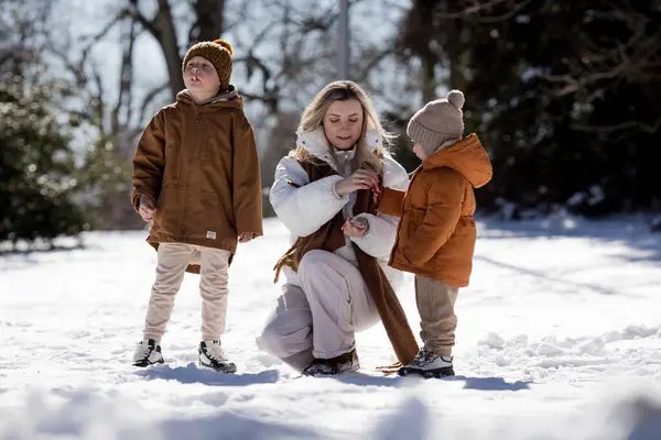 Kış Hafta Sonu Anne Iki Oğlu Sıcak Kış Kıyafetleri Içinde Stok Resim