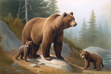 Memeli illüstrasyonu. Yavrusuyla yürüyen ayı.