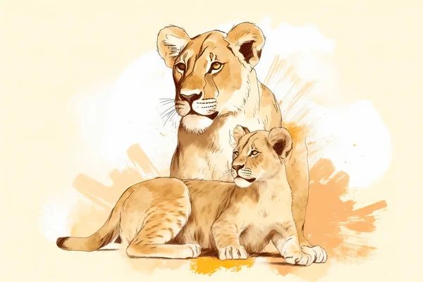 Mammal Illustration Lioness Her Cub — Stock Photo, Image