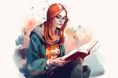 Kitap okuyan kızıl saçlı bir kadının portresi.