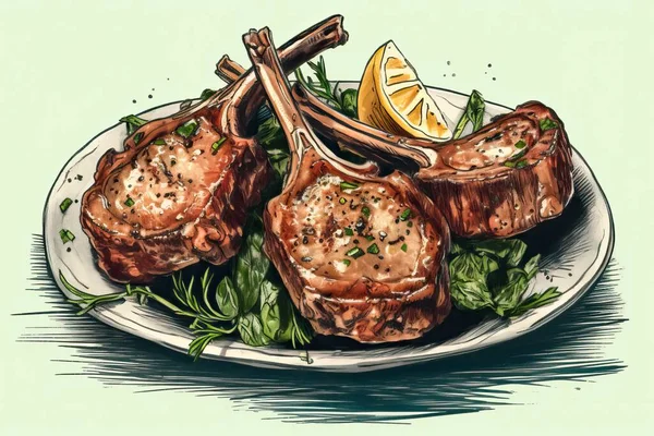 Lammkoteletts Auf Einem Teller Gekocht Sie Auf Einem Grill Servieren — Stockfoto