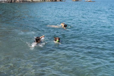 Okyanusta yüzen iki insan ve bir köpek, açık bir günde bir top getiriyorlar..