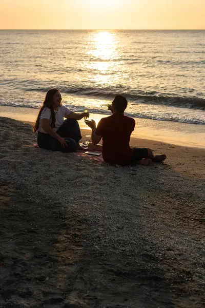 A couple toasts on a sandy shore against a backdrop of sunset over the sea.