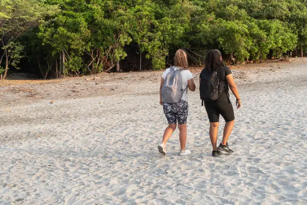 Two friends with backpacks walk side by side on a sandy beach with a backdrop of lush green trees.