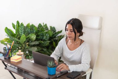 Bilgisayarı kullanan genç bir iş kadını, ev ofisinden bitkilerle çalışıyor.