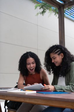 İki mutlu üniversite öğrencisi notları değerlendiriyor ve kampüste birlikte okuyorlar.